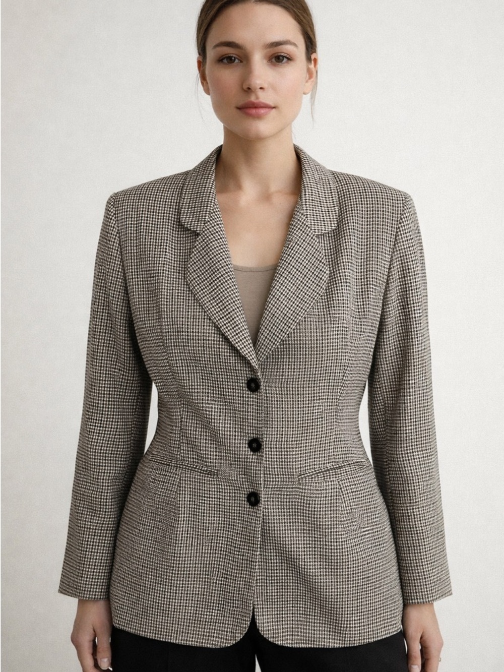 Dynamite Vintage houndstooth brown cream blazer classic fit tailor boxy neutral